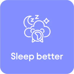 Icon of a crescent moon, three Z's, a cloud, and a clock symbolizing better sleep on a purple square background with rounded corners, with text below reading 'Sleep better'.