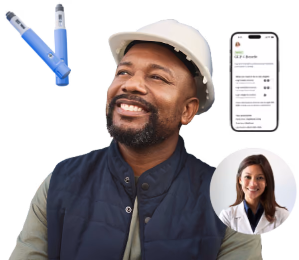 Smiling man wearing a white construction helmet and dark vest looks up. Surrounding him are a digital pH meter, a smartphone screen showing a health benefits app, and a circular portrait of a smiling female doctor in a white coat.