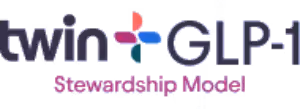 Logo with the text 'twin GLP-1' where the 'i' in twin and the 'L' in GLP-1 are connected by a plus sign symbol formed by four colorful petal shapes, followed by the subtitle 'Stewardship Model' below in smaller font.