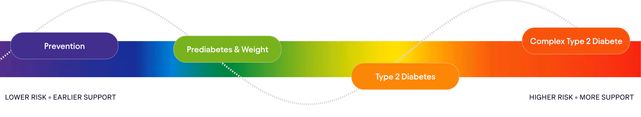 A horizontal gradient bar showing progression from lower to higher risk, labeled with four stages from left to right: Prevention (purple), Prediabetes & Weight (green), Type 2 Diabetes (orange), and Complex Type 2 Diabetes (red), with dotted lines emphasizing progression; text under the bar reads 'LOWER RISK • EARLIER SUPPORT' on the left and 'HIGHER RISK • MORE SUPPORT' on the right.