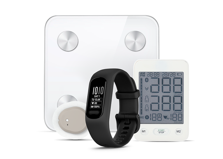 Twin smart scale, smartwatch, glucose sensor, and blood pressure monitor
