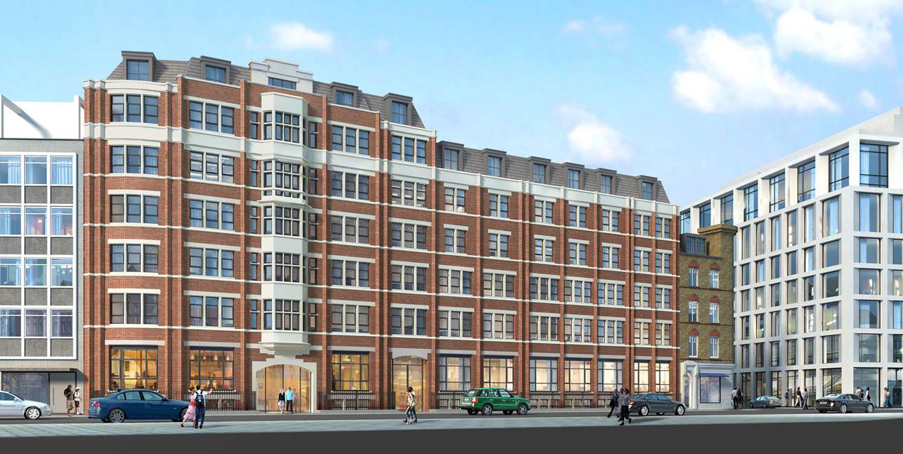 An exterior render of a large building on Newman street, London.