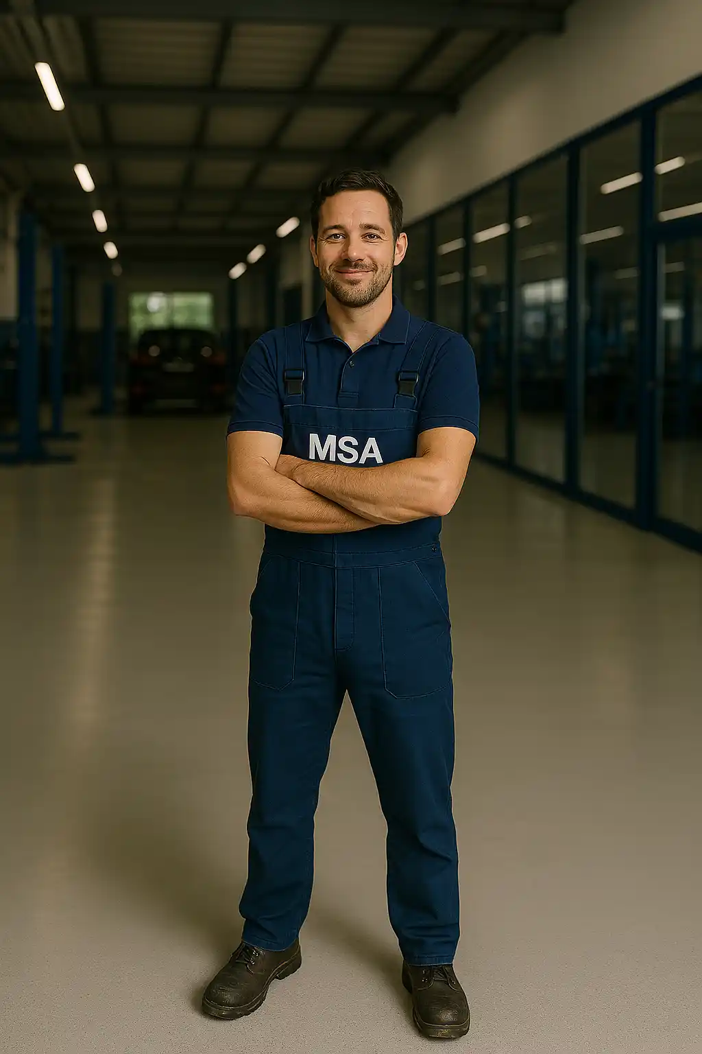 Mécanicien en bleu de travail MSA dans une concession