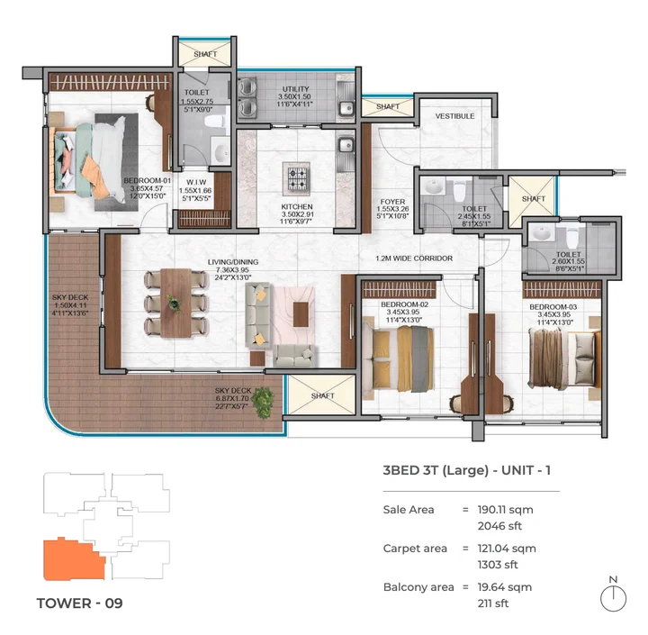 3BHK 3T Large Floor Plan