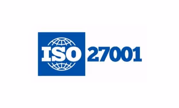 ISO 27001 logo with globe icon in blue and white