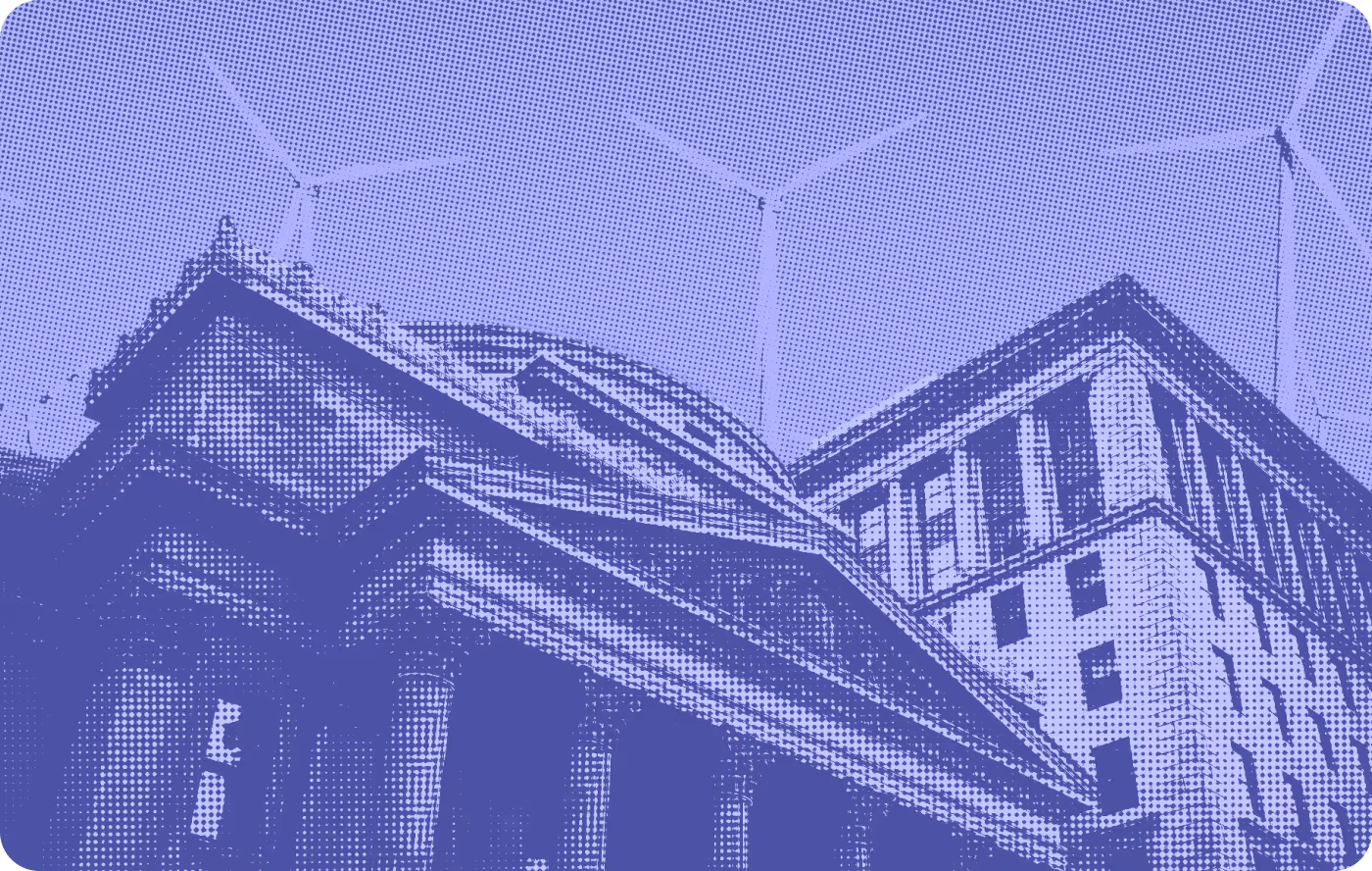 Bank building facade with classic columns in halftone blue