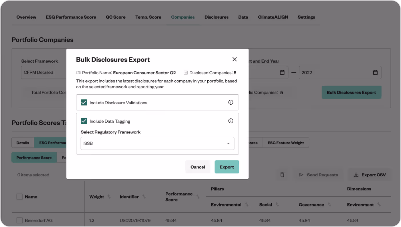 Bulk Disclosures Export modal for European Consumer Sector portfolio