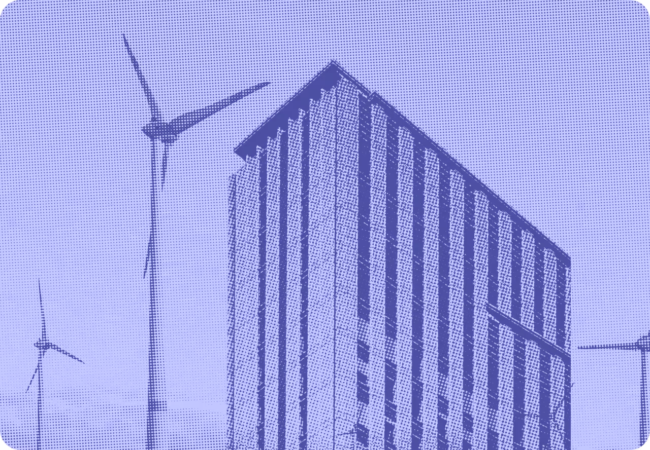 Wind turbines near modern geometric building on purple background