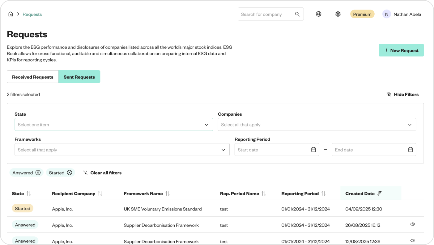 ESG reporting interface showing Apple Inc. requests and frameworks