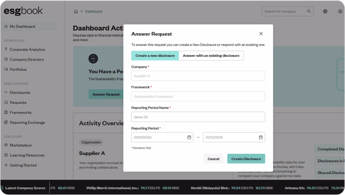 ESG Book dashboard with answer request modal for sustainability reporting