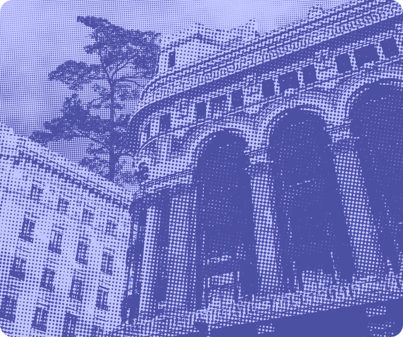 Halftone architectural illustration of an arched stone bridge with trees