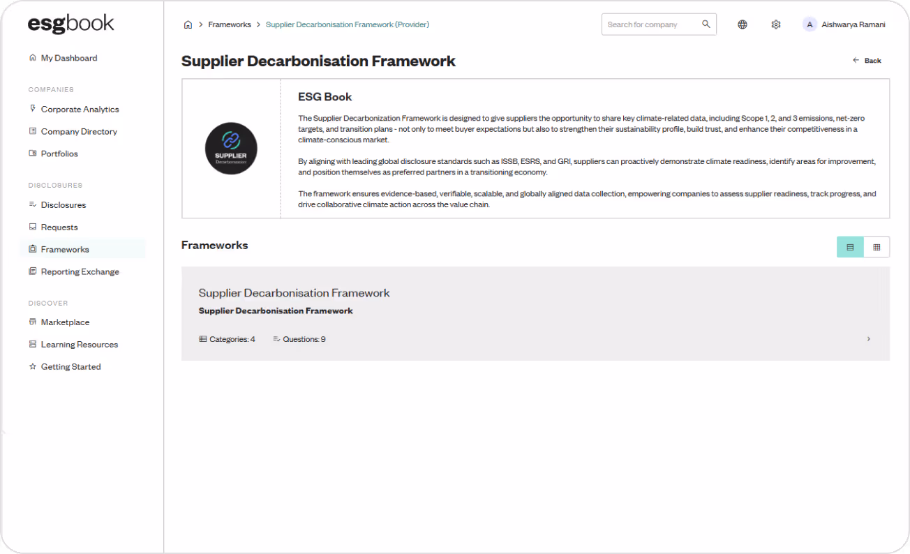 ESG Book Supplier Decarbonisation Framework dashboard interface