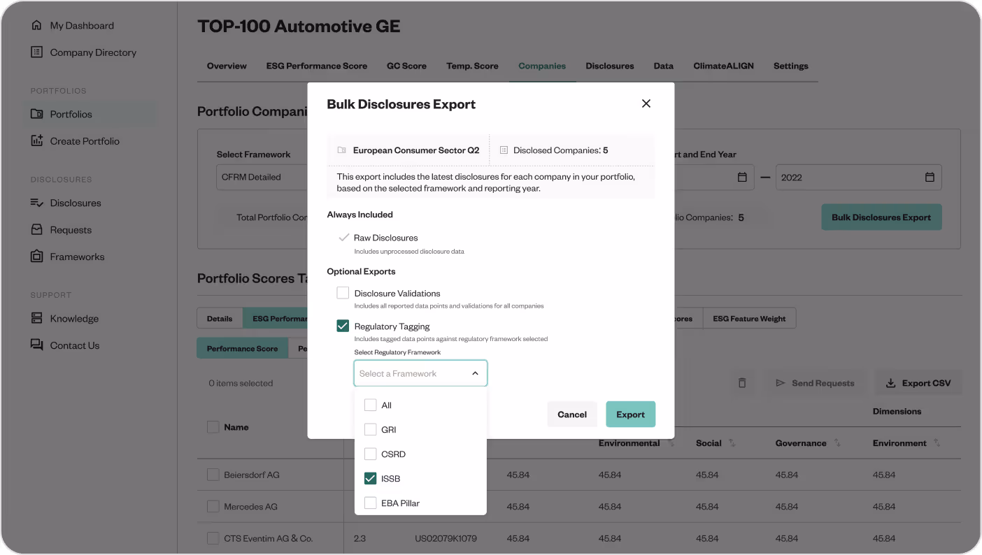 Bulk Disclosures Export modal for Top-100 Automotive GE dashboard