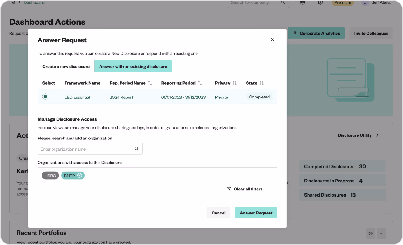 Dashboard modal for answering request with disclosure options and organizations
