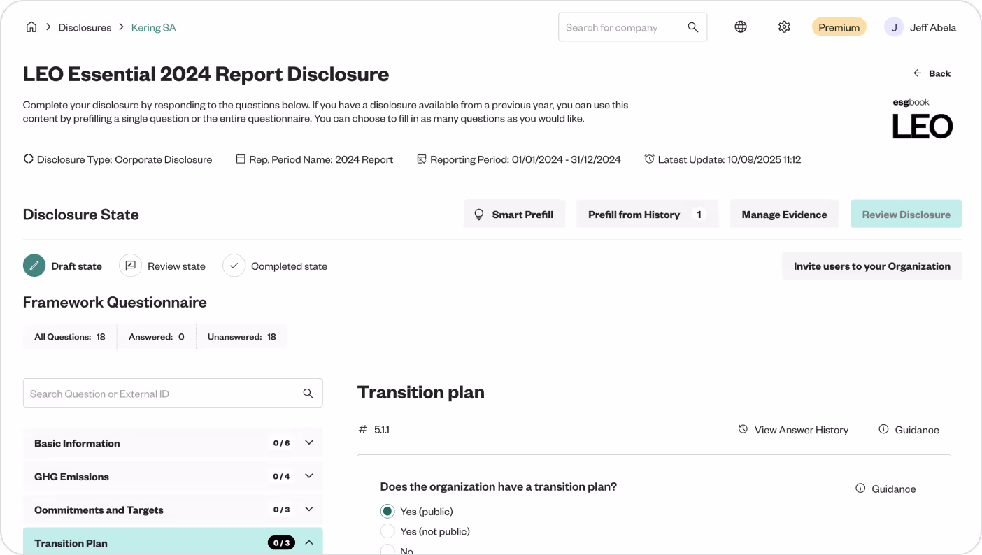 LEO Essential 2024 Report Disclosure webpage with transition plan section