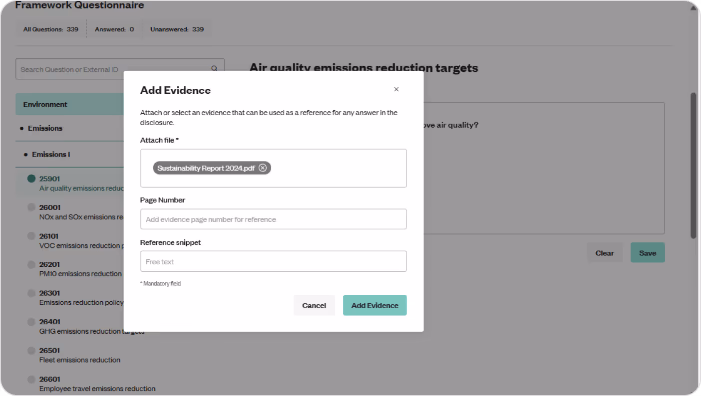 Add Evidence popup for sustainability report with file attachment options