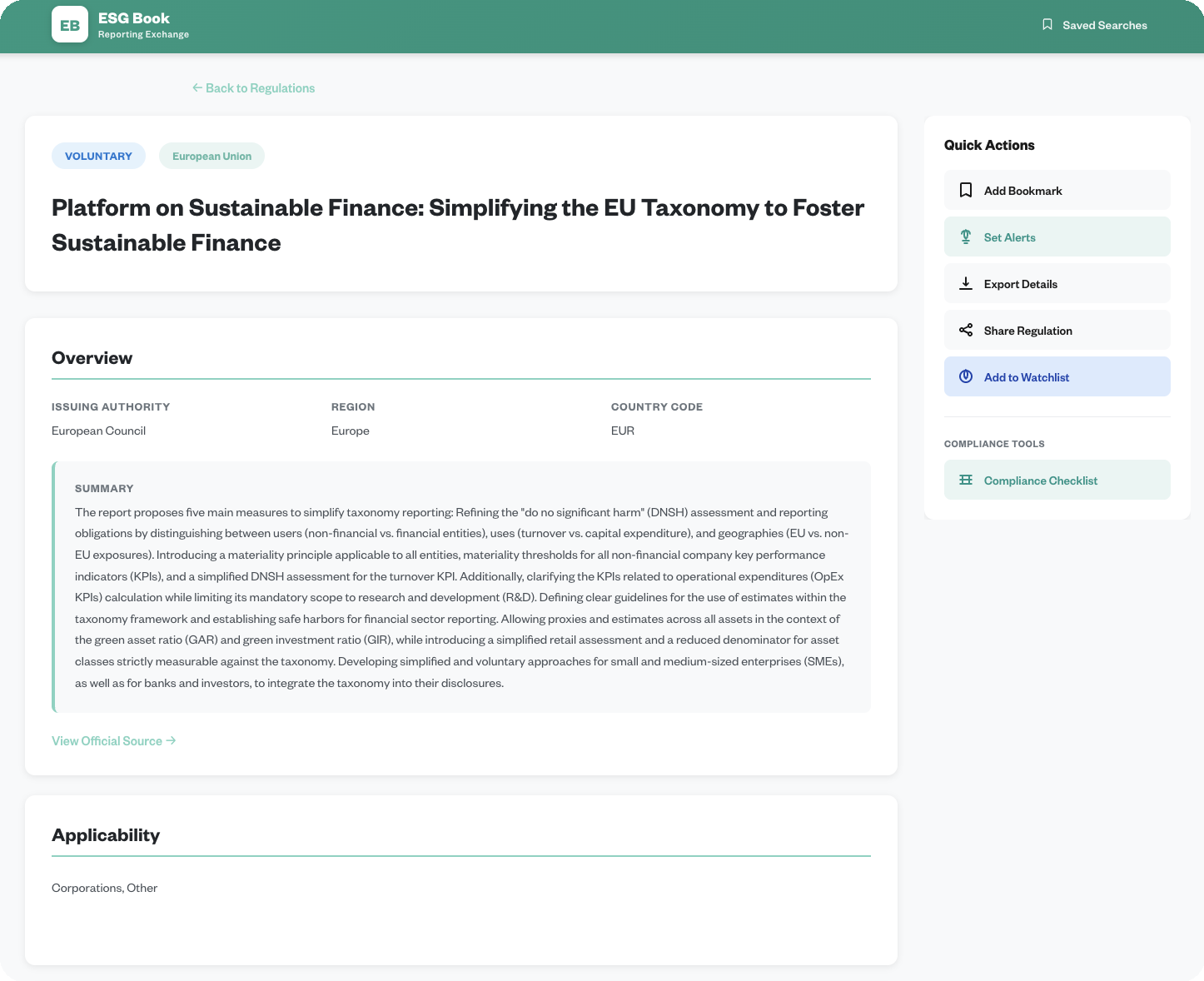 ESG Book platform page showing EU voluntary regulation titled 'Platform on Sustainable Finance: Simplifying the EU Taxonomy to Foster Sustainable Finance' with overview and applicability details.