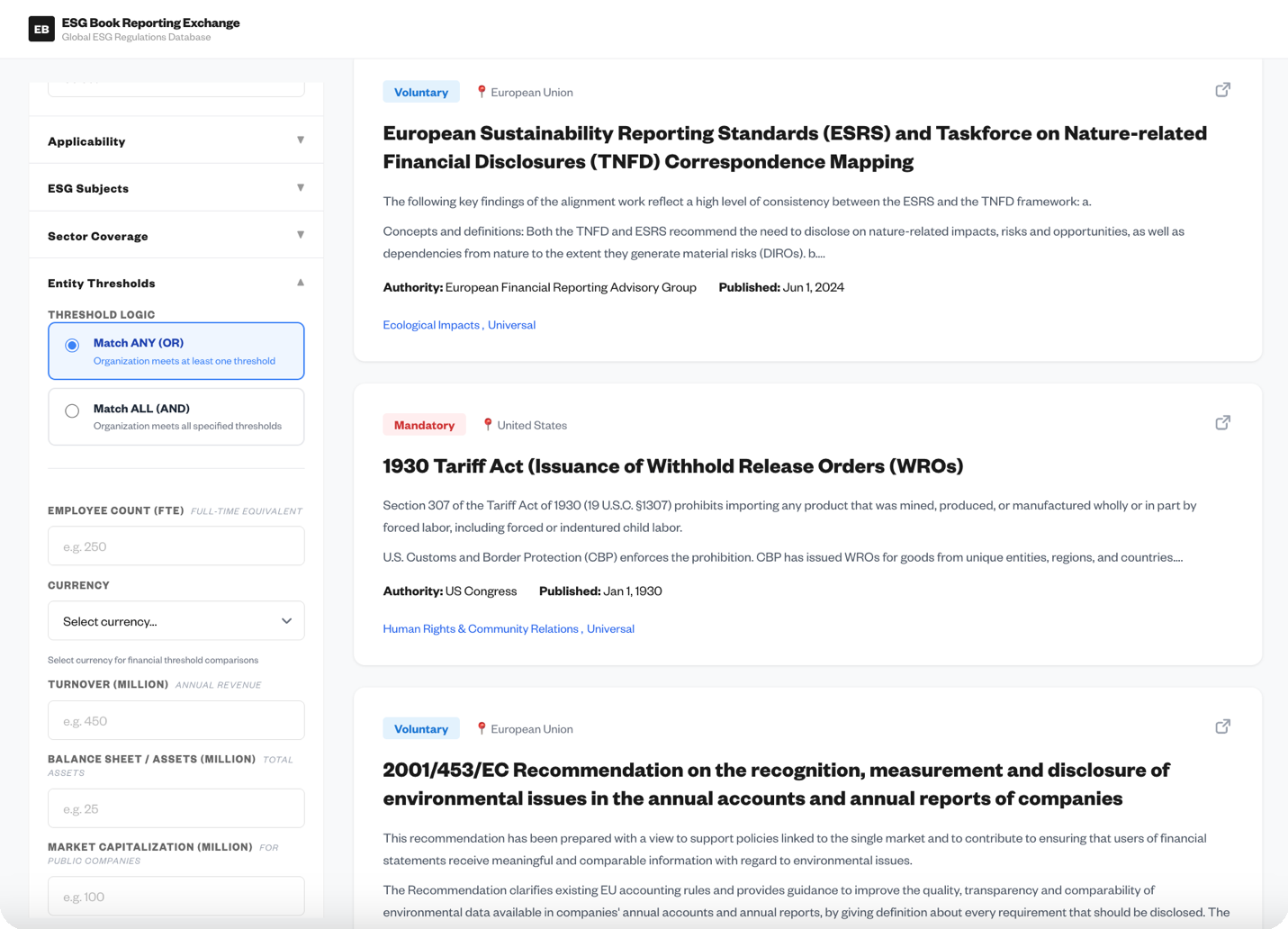 ESG Book Reporting Exchange webpage showing global ESG regulations database with filters for entity thresholds and detailed entries for European Sustainability Reporting Standards, 1930 Tariff Act, and 2001/453/EC Recommendation.