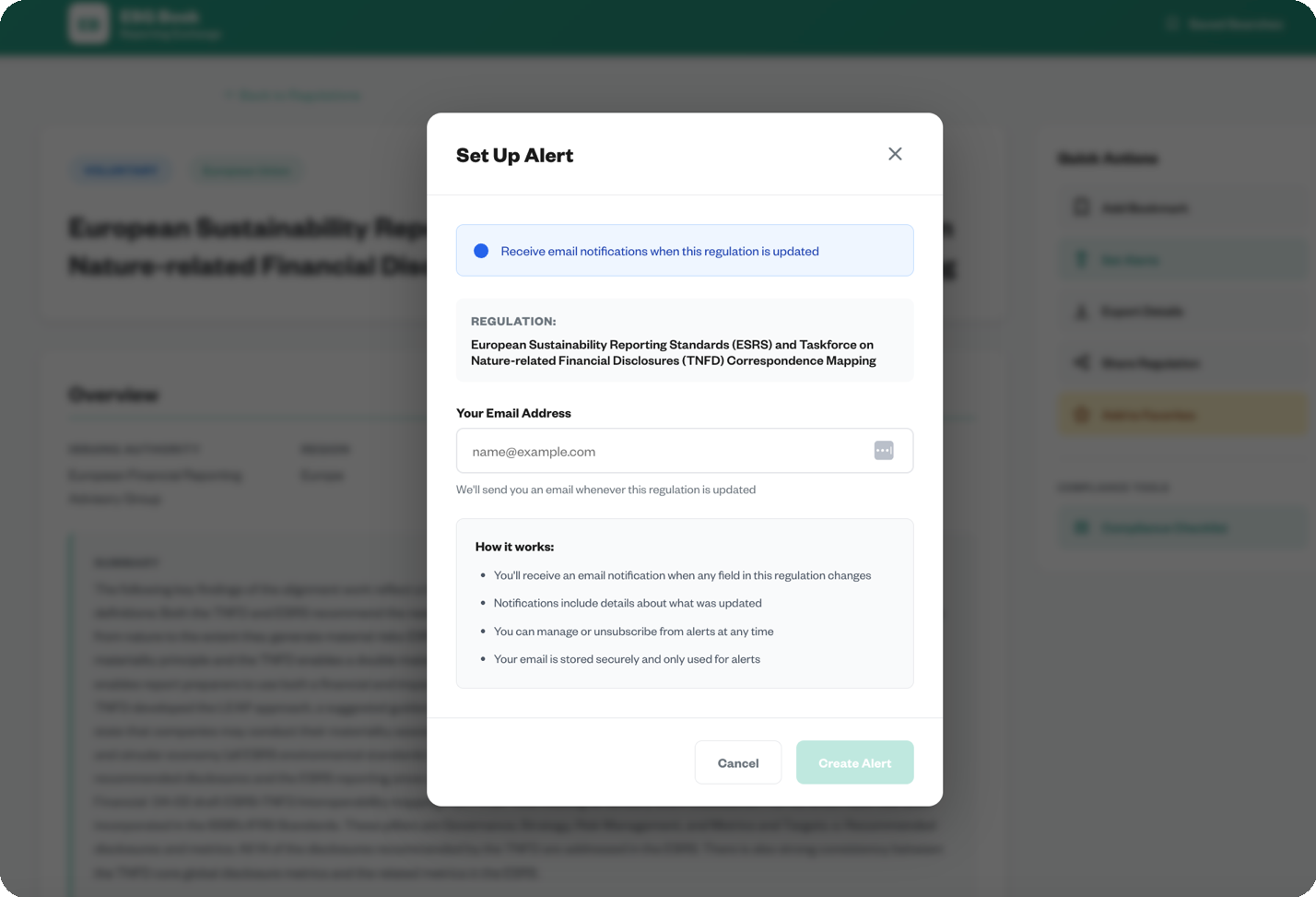 Popup window to set up an email alert for updates on the European Sustainability Reporting Standards and Taskforce on Nature-related Financial Disclosures.