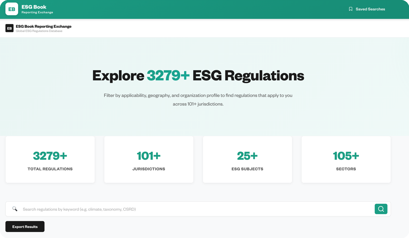 ESG Book Reporting Exchange webpage showing a search bar with filters for 3279+ ESG regulations across 101+ jurisdictions, 25+ ESG subjects, and 105+ sectors.