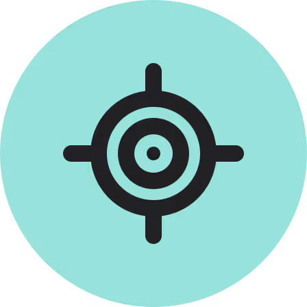 Black target icon with concentric circles and crosshairs on a light teal circular background.
