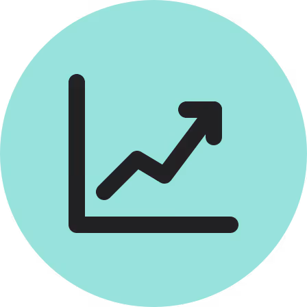 Icon of a line chart with an arrow indicating upward growth inside a teal circle.