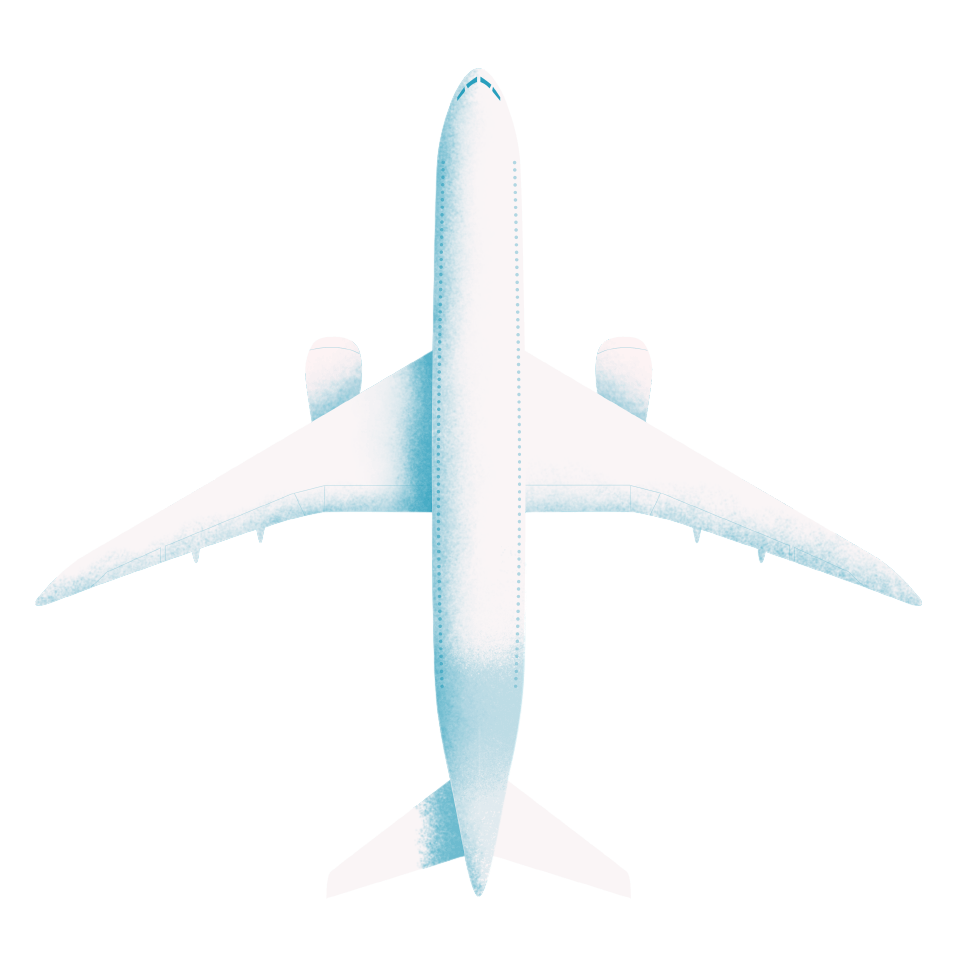 A bird's eye view of an airplane with a dark blue sky behind it