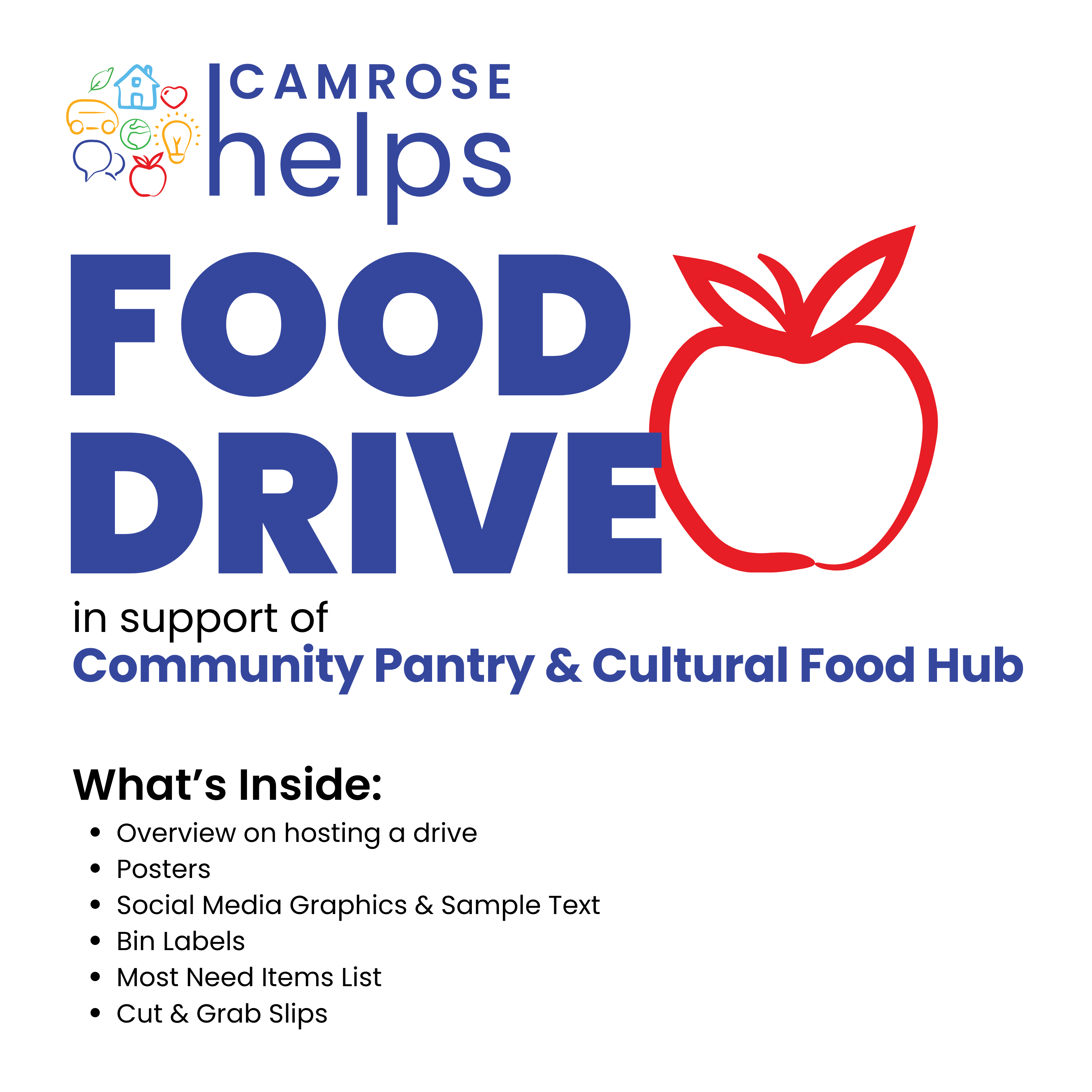 What's Inside:
Overview on hosting a drive
Posters
Social Media Graphics & Sample Text
Bin Labels
Most Need Items List
Cut & Grab Slips