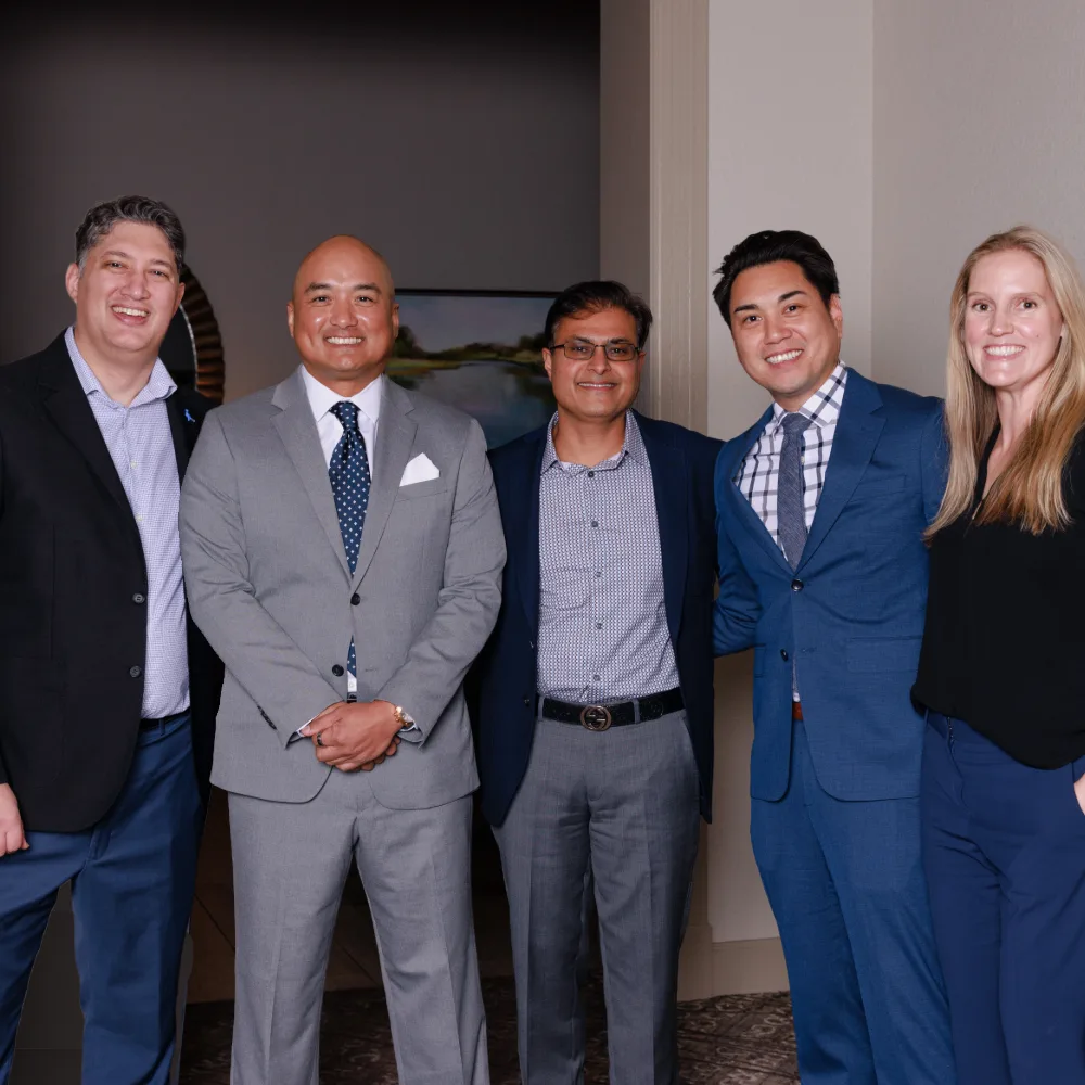 Group photo of BASS Vein Center physicians — Dr. Brian Keyashian, Dr. Gonzalo Obnial, Dr. Rajiv Nagesetty, Dr. Jon Christopher Orlino, and Dr. Jennifer Avise — in professional attire.