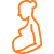 Simple orange line icon of a pregnant woman sitting with hands on her belly.