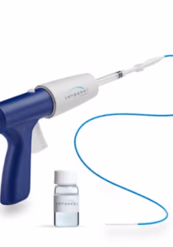 Medtronic VenaSeal device consisting of a blue and white handheld applicator, a small vial, and a connected blue catheter.