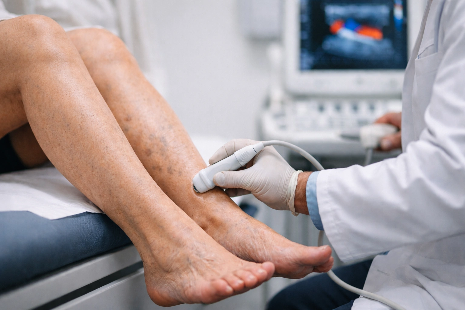Close-up of a vascular specialist using Doppler ultrasound to examine blood flow in a patient’s lower leg in a clinical setting