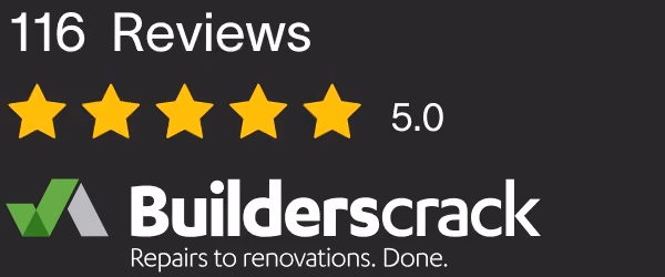 Builderscrack logo with a 5-star rating from 116 reviews and the tagline 'Repairs to renovations. Done.'