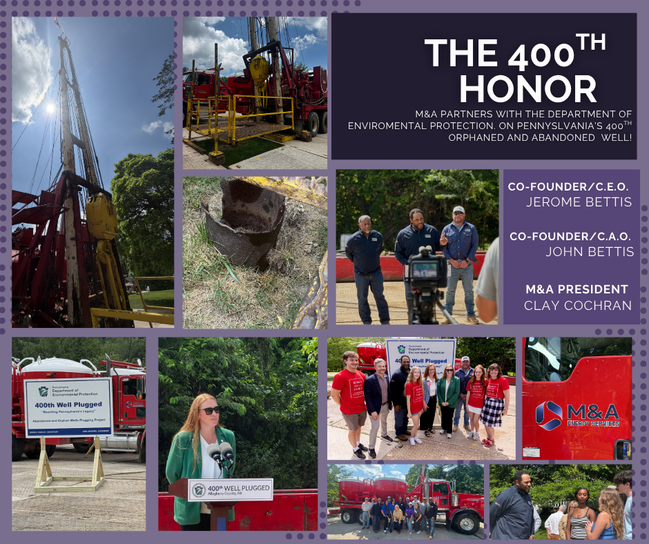 Collage of drilling equipment, staff speeches, group photos, and a sign for Pennsylvania's 400th plugged well project.