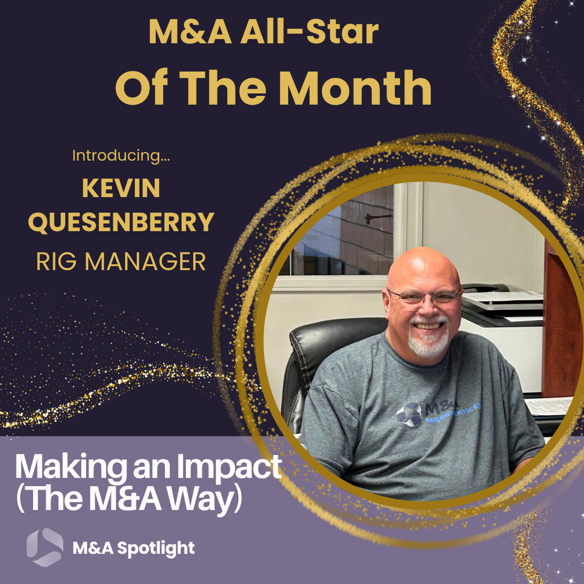 Kevin Quesenberry, smiling bald man with glasses, seated in an office chair, named M&A All-Star of the Month.