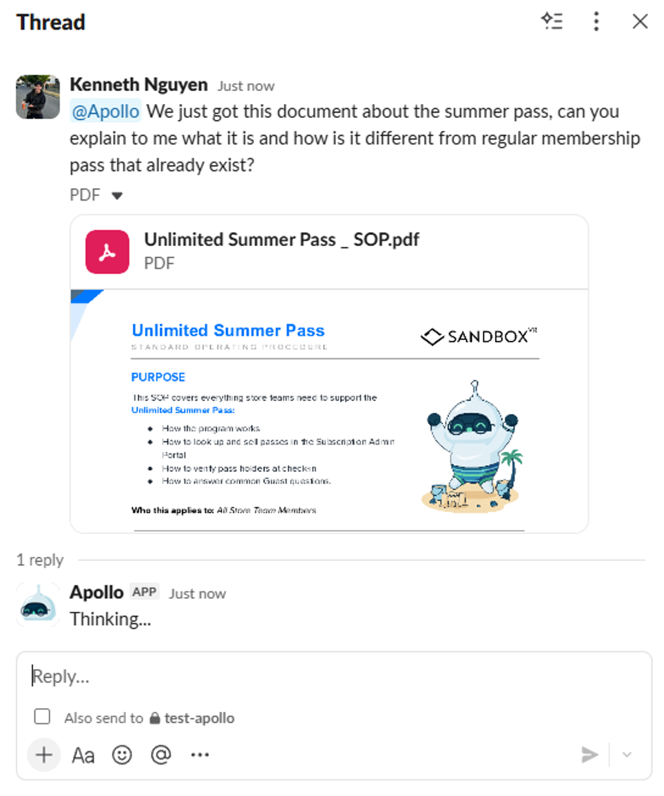 Apollo answering a question in Slack with a linked source