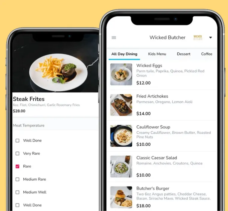 Listo Mobile Order & Pay on two phones: a dish with options and the venue menu