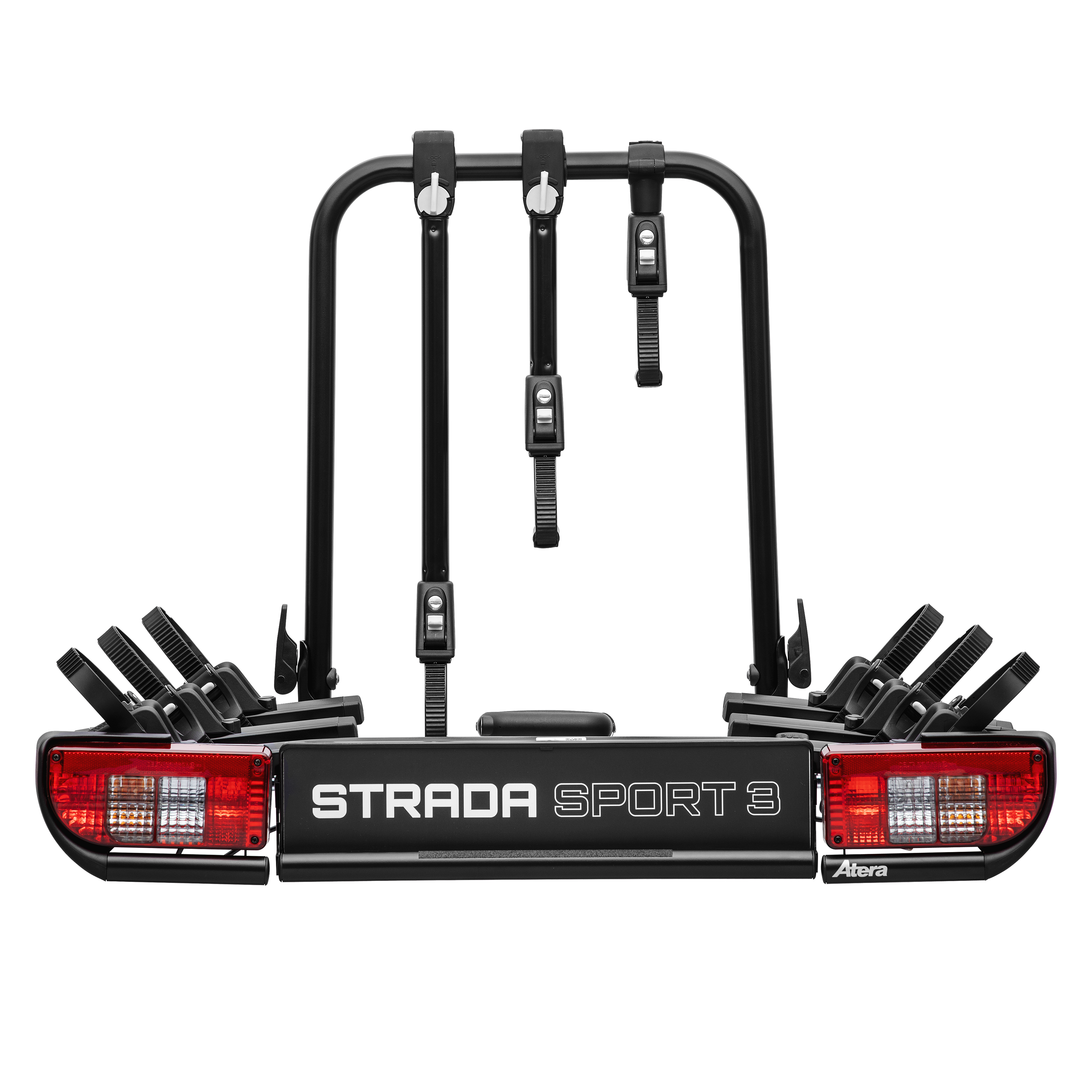 silberner Heckfahrradträger mit schwarzen Details auf weißem Hintergrund