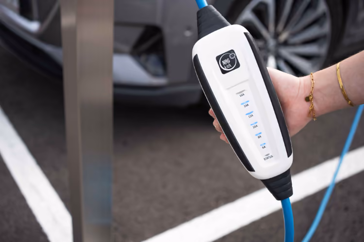 Hände halten das blaue-weiße Ladekabel, welches das Fahrzeug aktuell lädt, APDT12501001