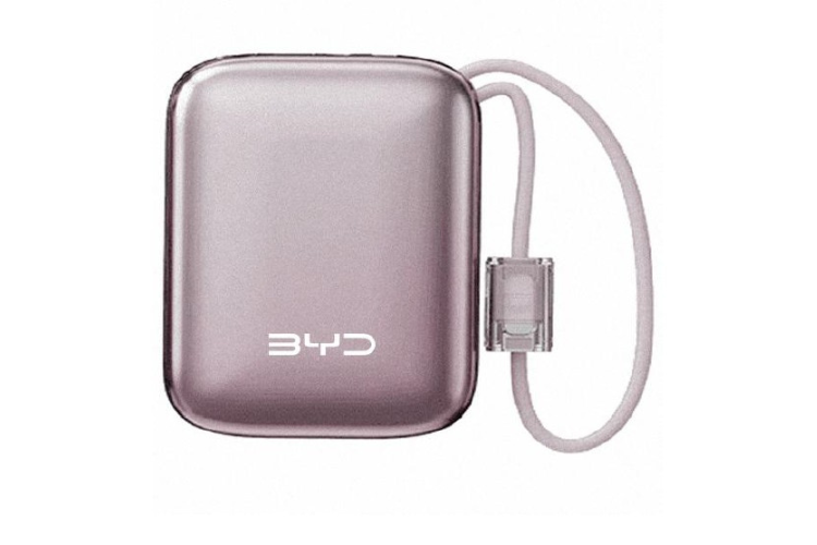 rosefarbene Powerbank mit Trageschlaufe auf weißem Hintergrund