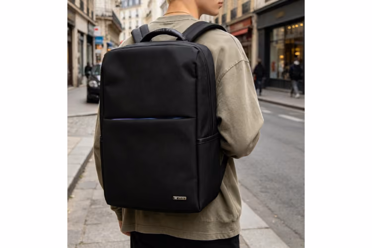 schwarzer Rucksack am Rücken eines Mannes auf einem Gehsteig