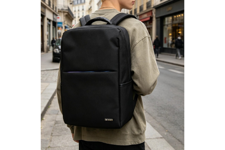 schwarzer Rucksack am Rücken eines Mannes auf einem Gehsteig