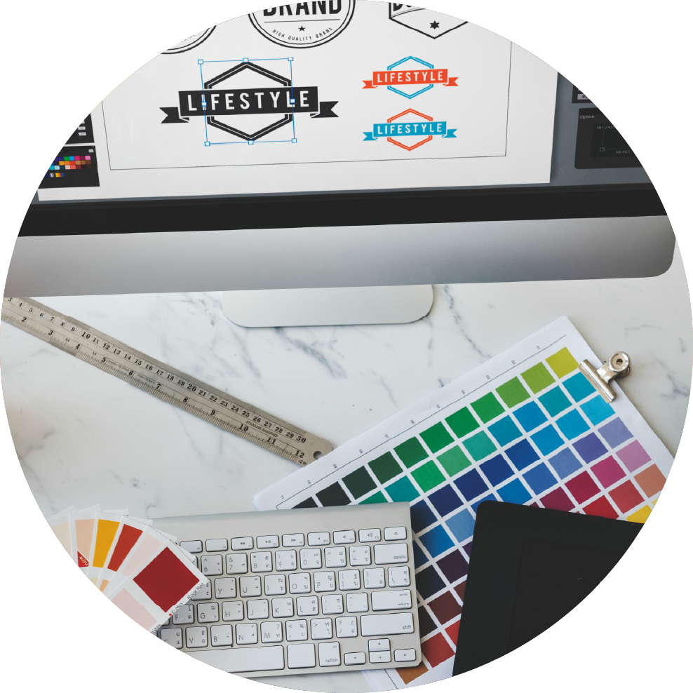 Color Palette with logo in screen of imac 