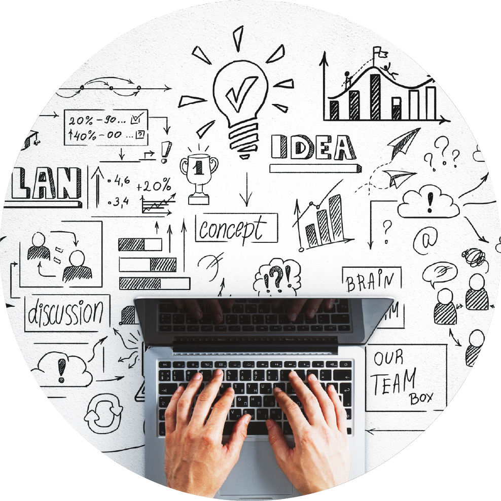 Marketing visual with someone typing on keyboard on Macbook with drawing around on the table.