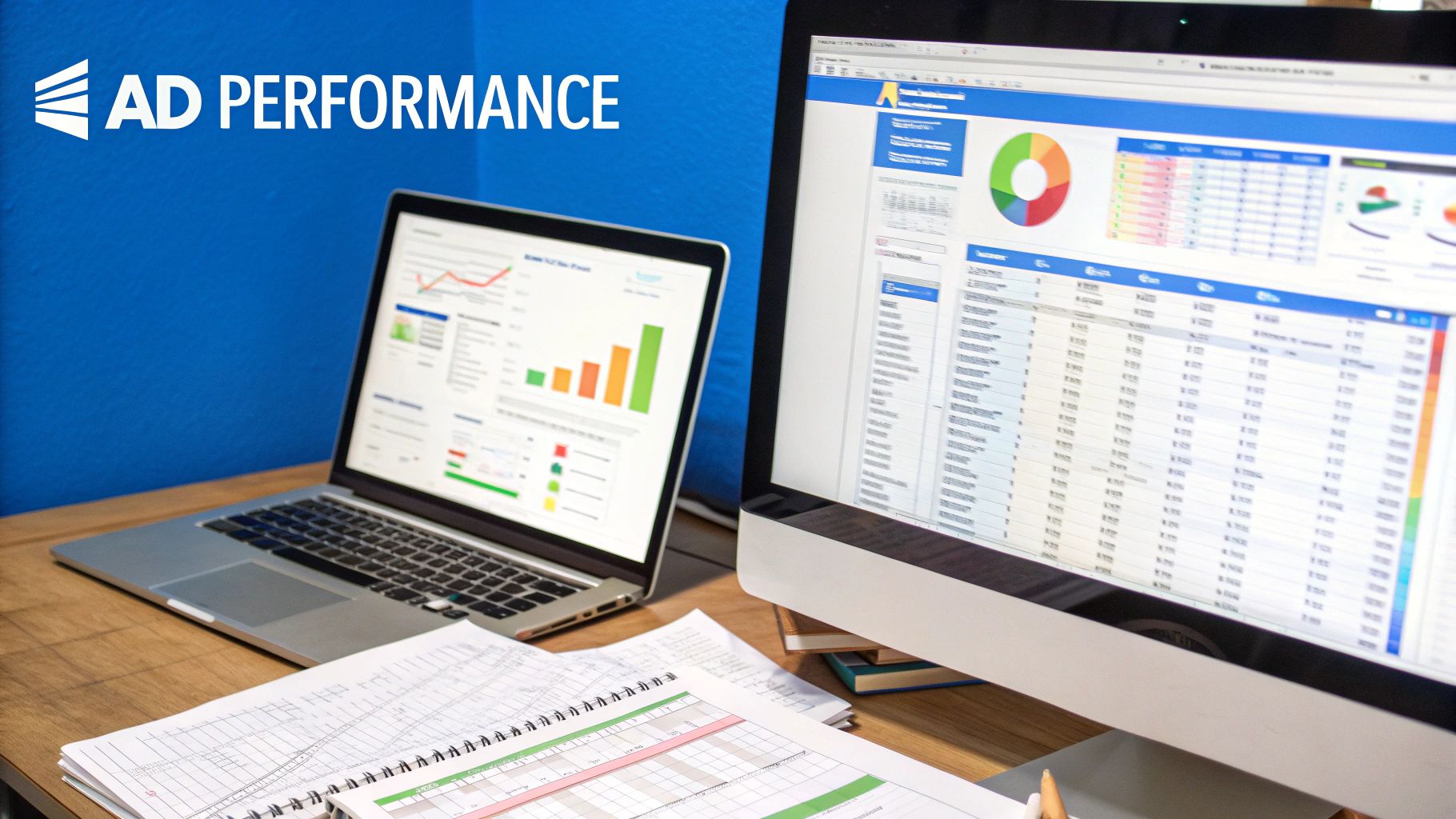 A paid advertising campaign report showing key metrics like ROAS, CPC, CTR, and conversions across different channels like Google Ads and social media.