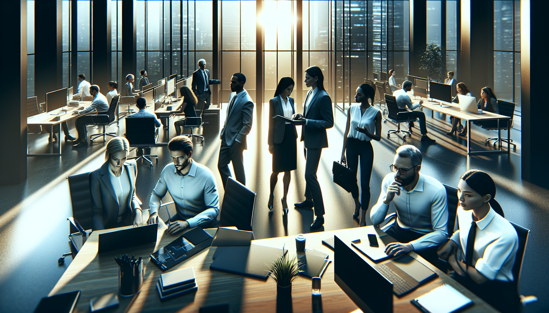 Cinematic scene depicting a team analyzing actionable data on digital screens in a modern office setting - high-resolution, realistic, emotionally engaging, no text overlay