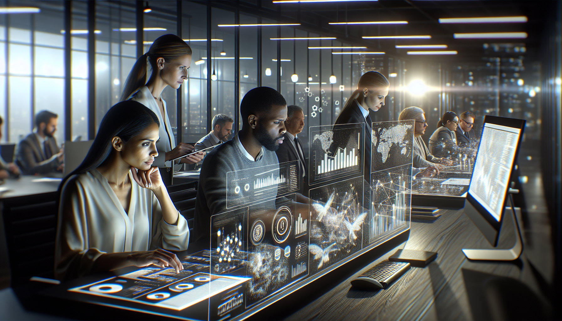 Cinematic scene depicting a marketing team analyzing landing page tracking data on digital devices - high-resolution, realistic, emotionally engaging, no text overlay