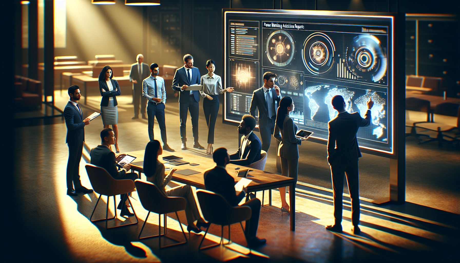 Cinematic scene depicting a diverse marketing team analyzing a marketing attribution report on digital devices, with charts and graphs displayed on screens - high-resolution, realistic, emotionally engaging, no text overlay