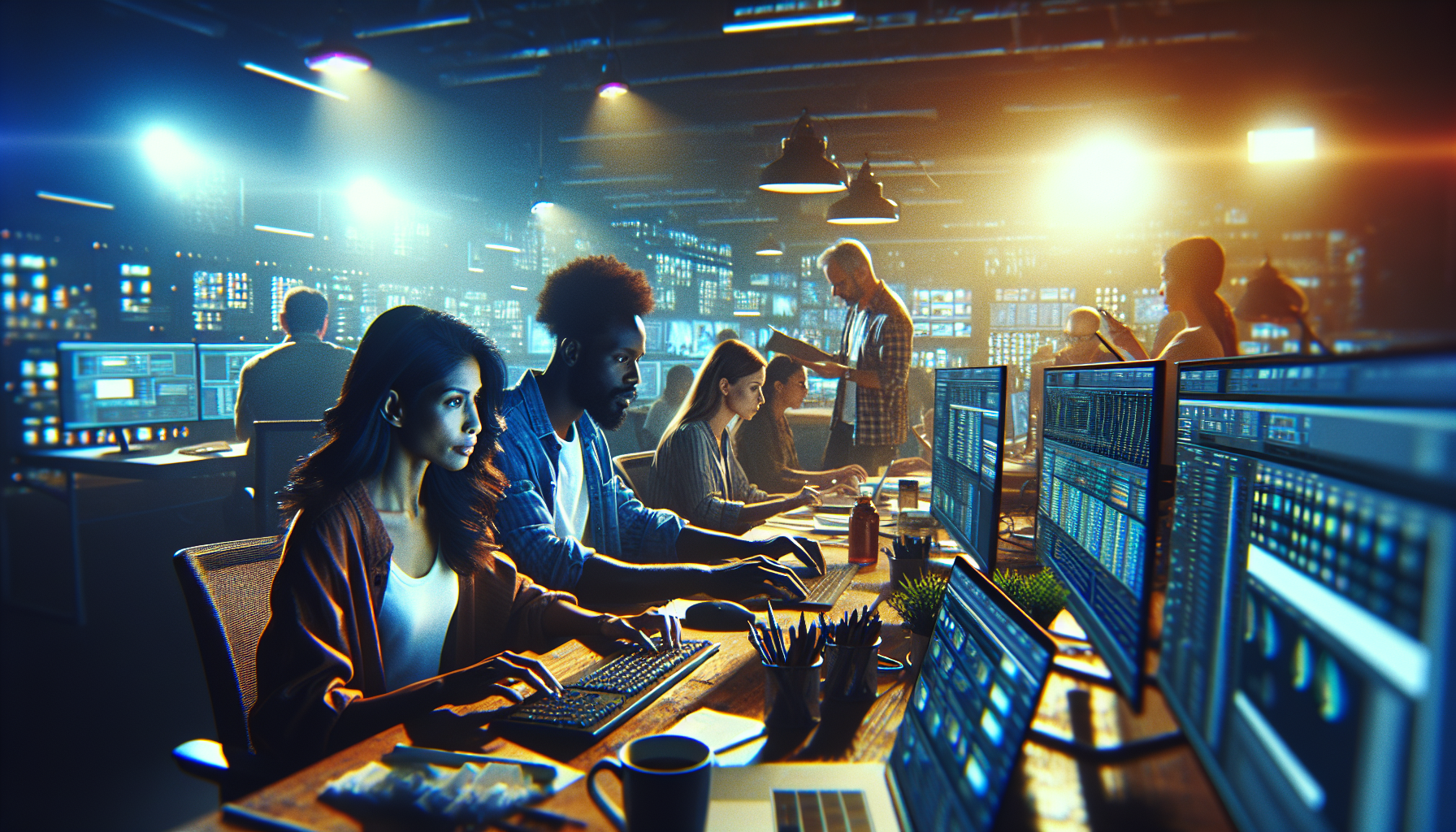 Cinematic scene depicting a digital marketing team analyzing PPC software on multiple screens in a modern office environment — shot like a movie still, with dynamic lighting and depth of field