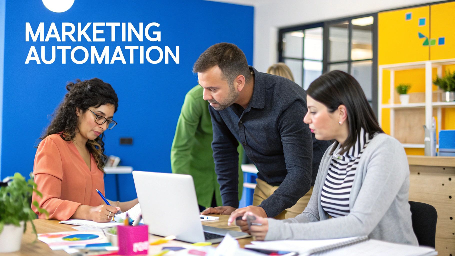 A digital illustration showing interconnected gears and marketing icons, representing the seamless process of marketing automation.